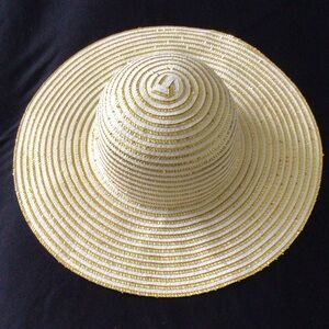 Wide Brim Straw Sun Hat in White and Gold